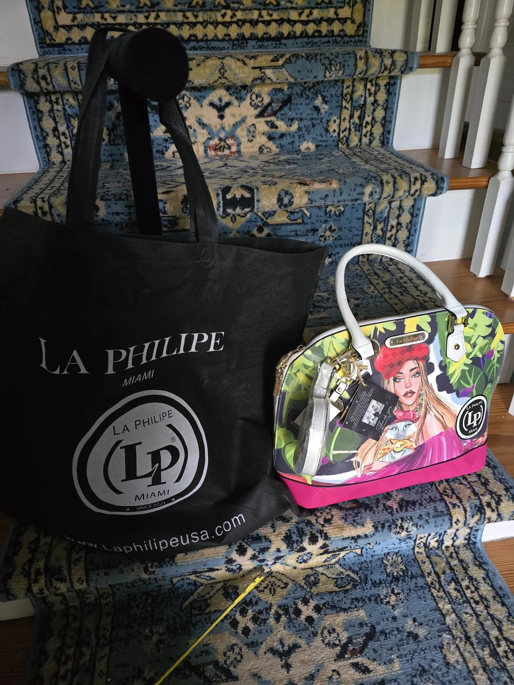 La Philipe Pink Accent Graphic Dome Satchel